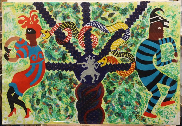 Mixed Media, Miriam Shapiro,: Unframed mixed media lithograph, ''The Twinning of Adam and Eve in the Garden of Evil,'' 1990, by Miriam Shapiro (American, b. 1923), pencil signed, titled, dated and numbered edition of 20 at lower p