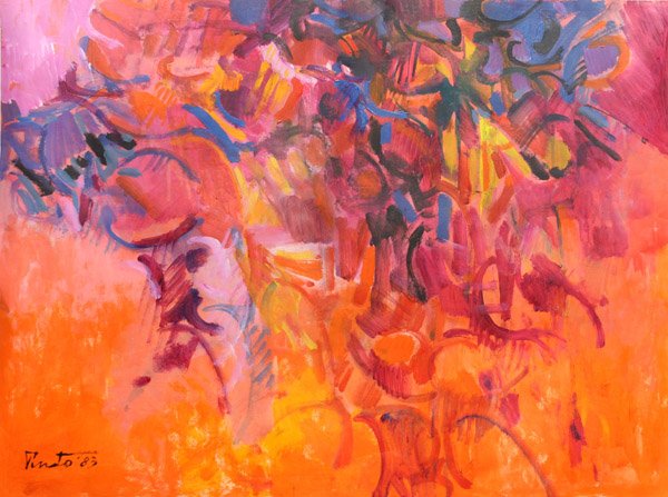Painting, James Pinto, Abstract: Unframed oil on paper, Warm Abstract, 1983, James Pinto (Californian, 1907-1987), signed and dated lower left, overall: 23''h x 30.5''w