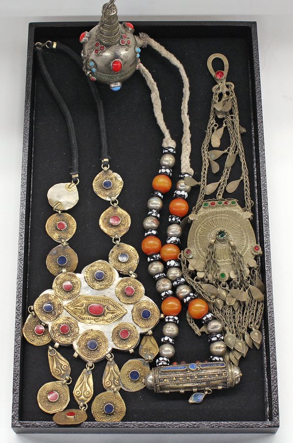 Tribal style necklaces: (lot of 3) Middle Eastern Tribal style necklaces with scent bottle, all having colored gem cabochon accents