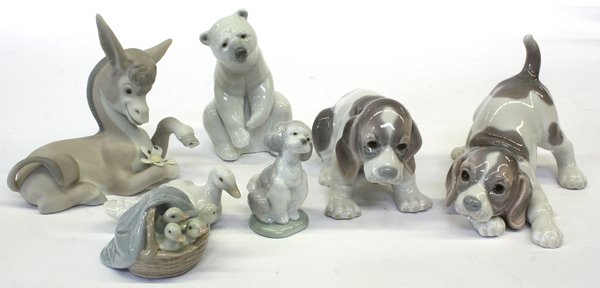 Lladro Figures: (lot of 6) Lladro figures, including polar bear, two puppies, donkey, small dog, and ducks, 5''h