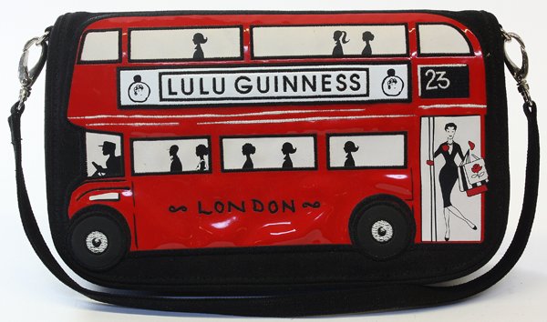 Lulu Guinness Clutch Bag: Lulu Guinness clutch bag decorated with a London bus, 5.5''h x 9.5''w