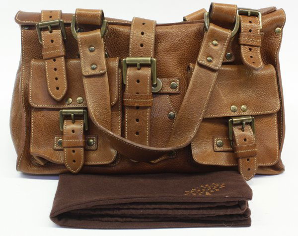 Mulberry Leather Handbag: Mulberry leather handbag with pockets and buckles, height to top of handle: 15''