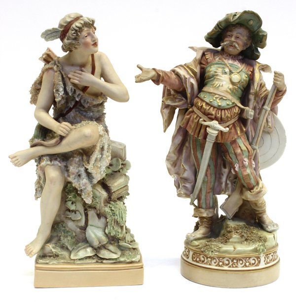 Continental Porcelain Figure Group: Two Continental porcelain figure groups, the first by Royal Dux, and depicting a seated hunter, the second probably by Royal Dux, and depicting a 17th century cavalier