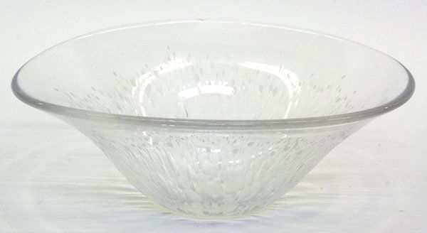 French Orrefors Centerbowl: French Orrefors centerbowl the clear glass body decorated with a pattern of cat tails, 4''h x 8.5''w