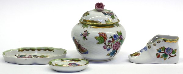 Herend: (lot of 4) Herend table accessories featuring hand painted butterflies and exoctic flowers including a bulbous form covered jar, shaped tray, baby shoe, a small oval tay