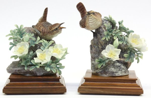 Royal Worcester Wrens: Pair of porcelain figural groups of wrens, signed Royal Worcester, by Dorothy Doughty, 8''h. Provenance: Deaccessioned from the Montclair Art Museum (Montclair, New Jersey)