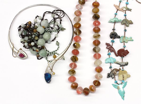 Lot of various fashion necklaces: Lot of (6) fashion necklaces including (1) silver choker set with (1) boulder opal doublet, ruby, zircon and sapphire, (3) jadeite bead and cord tassel necklaces, (1) turquois, shell, jasper and mothe