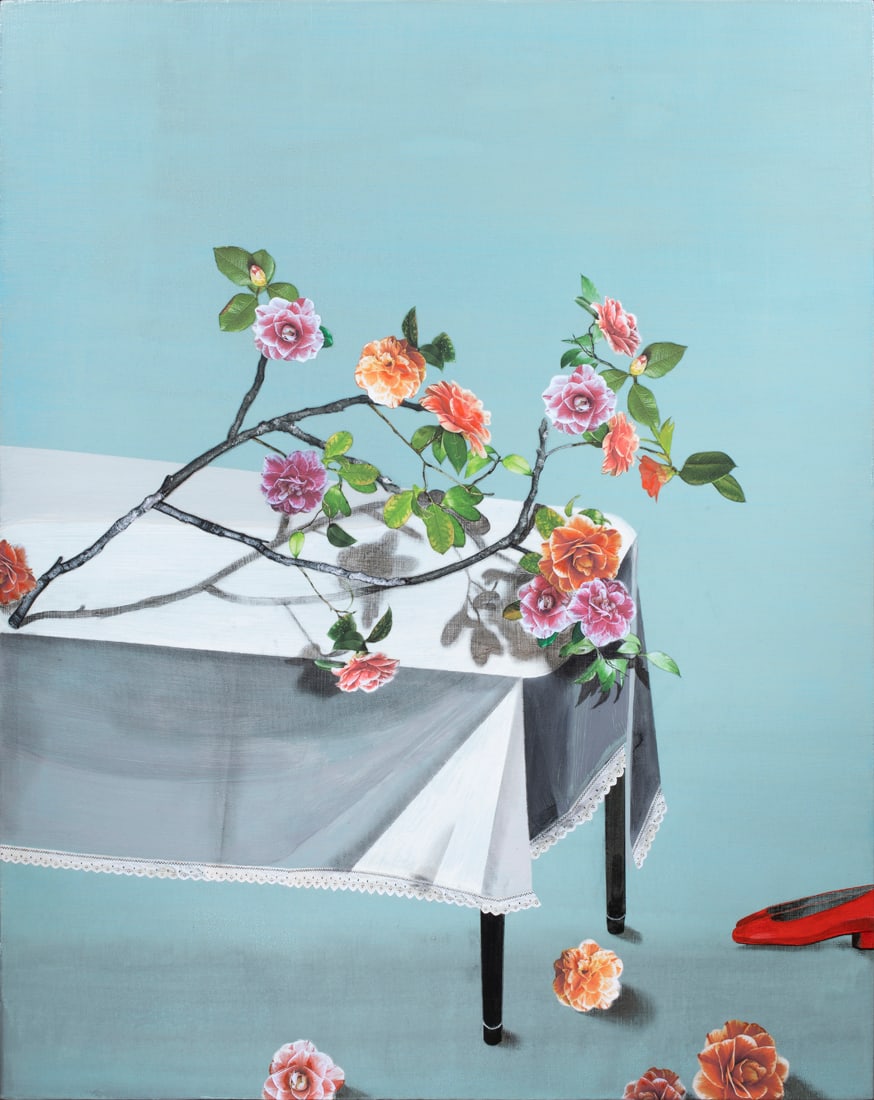 Mixed Media, Kaoru Mansour: Kaoru Mansour (Japanese, 20th century), "Camellia & Red Shoes'', 2023, acrylic, colored pencil, and paper collage on canvas, signed verso, canvas (unframed): 40"h x 32"w. Artist bio: Growing up in a s