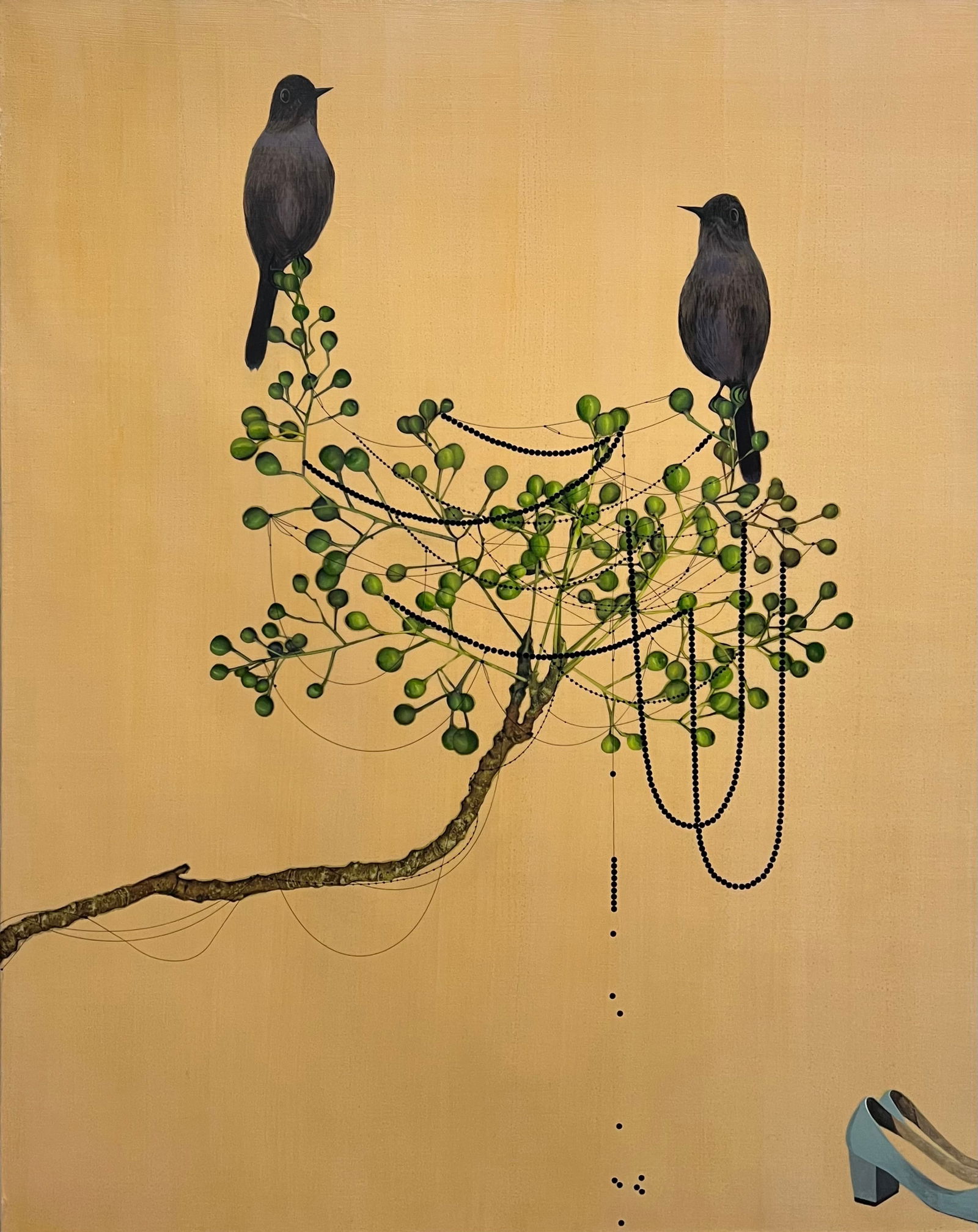 Mixed Media, Kaoru Mansour: Kaoru Mansour (Japanese, 20th century), "Two Black Birds & Blue Shoes'', 2023, acrylic, colored pencil, and paper collage on canvas, signed verso, canvas (unframed): 40"h x 32"w. Artist bio: Growing u