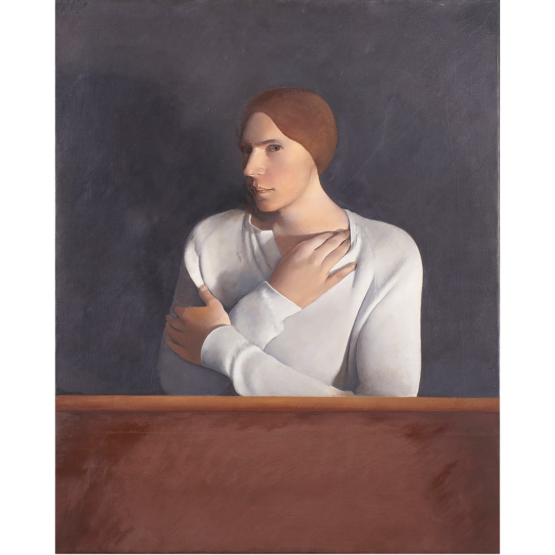 Painting, Thomas Alphonse Klaverkamp: Thomas Alphonse Klaverkamp (American, 1942-1986), "Observer," 1979, oil on canvas, signed and dated verso, gallery title label (Morgan Gallery, Shawnee Mission, Kansas) affixed verso, gallery inventor