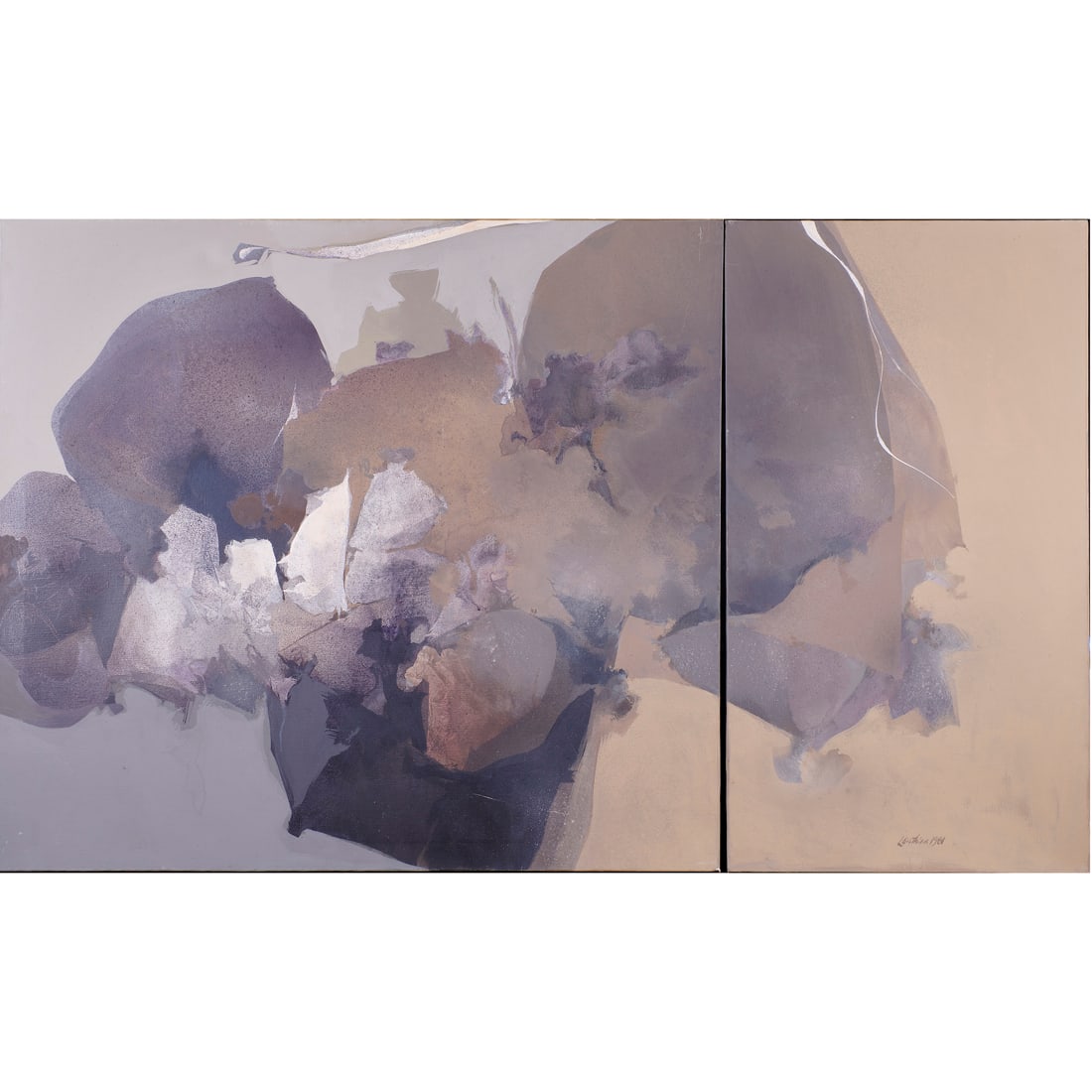 Painting, Donald Louthian: (lot of 2) Donald Louthian (American, b. 1929), "End of Winter," 1981, acrylic on canvas diptych, smaller panel signed lower right, each panel signed and titled verso, canvas (together, unframed): 36"