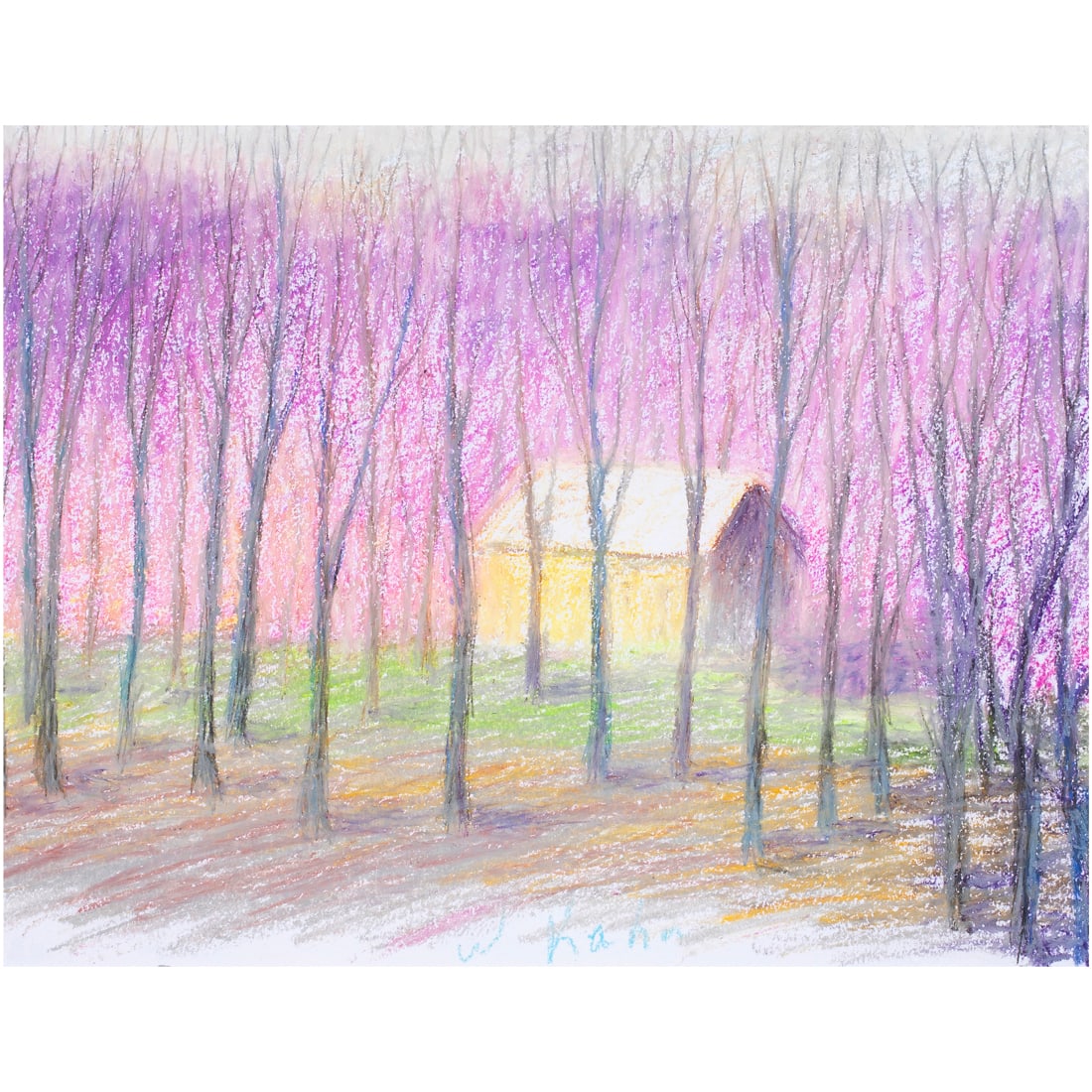 Work on paper, Wolf Kahn: Wolf Kahn (American/German, 1927-2020), Untitled (House Through the Trees), pastel, signed lower center, sight: 10.5"h x 13.5"w, overall (with frame): 16.25"h x 20.25"w