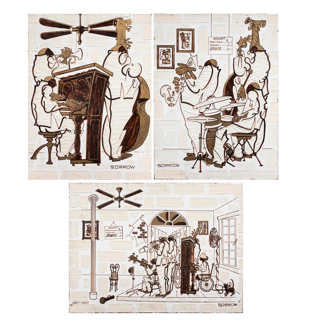 Mixed Medias, William Carter Sorrow: (lot of 3) William Carter Sorrow (American, 20/21st century), "Sweet Emma," 1981 and Untitled (Jazz Scenes), each mixed media on board, first signed and dated lower right and titled lower left, second