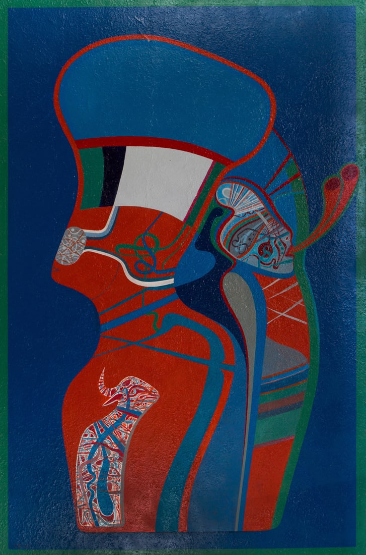 Painting, Mihail Chemiakin: Mihail Chemiakin (Russian, b. 1943), "Metaphysical Profile," 1978, oil on canvas, signed and dated lower left and verso, titled stretcher bar verso, canvas: 77"h x 51"w, overall (with frame): 80"h x 5