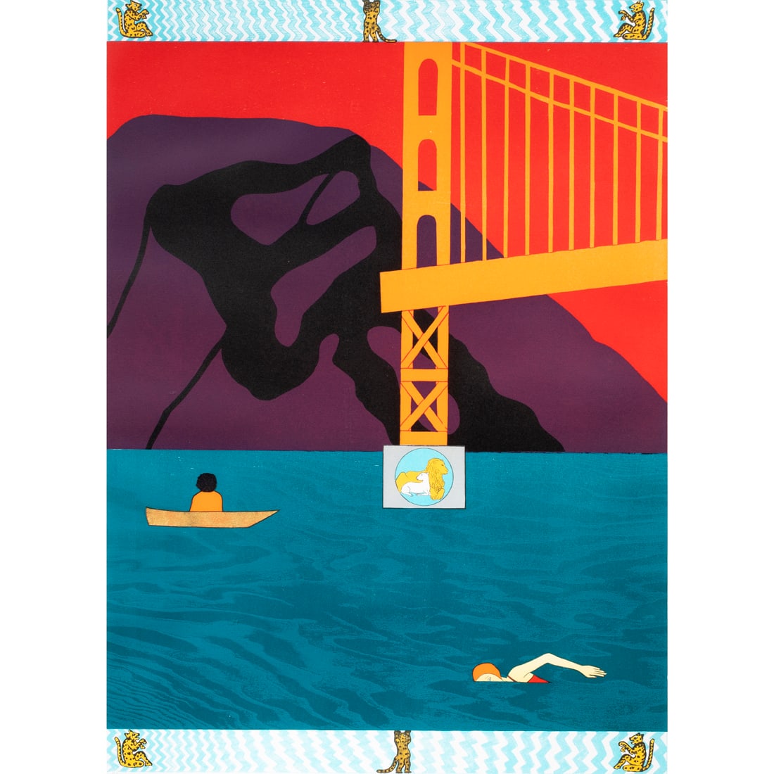 Print, Joan Brown: Joan Brown (American, 1938-1990), "Golden Gate," 1987, woodcut and lithograph, pencil signed and dated lower right, edition 5/80, sight: 37.5"h x 27"w, overall (with frame): 44.75"h x 33.75"w