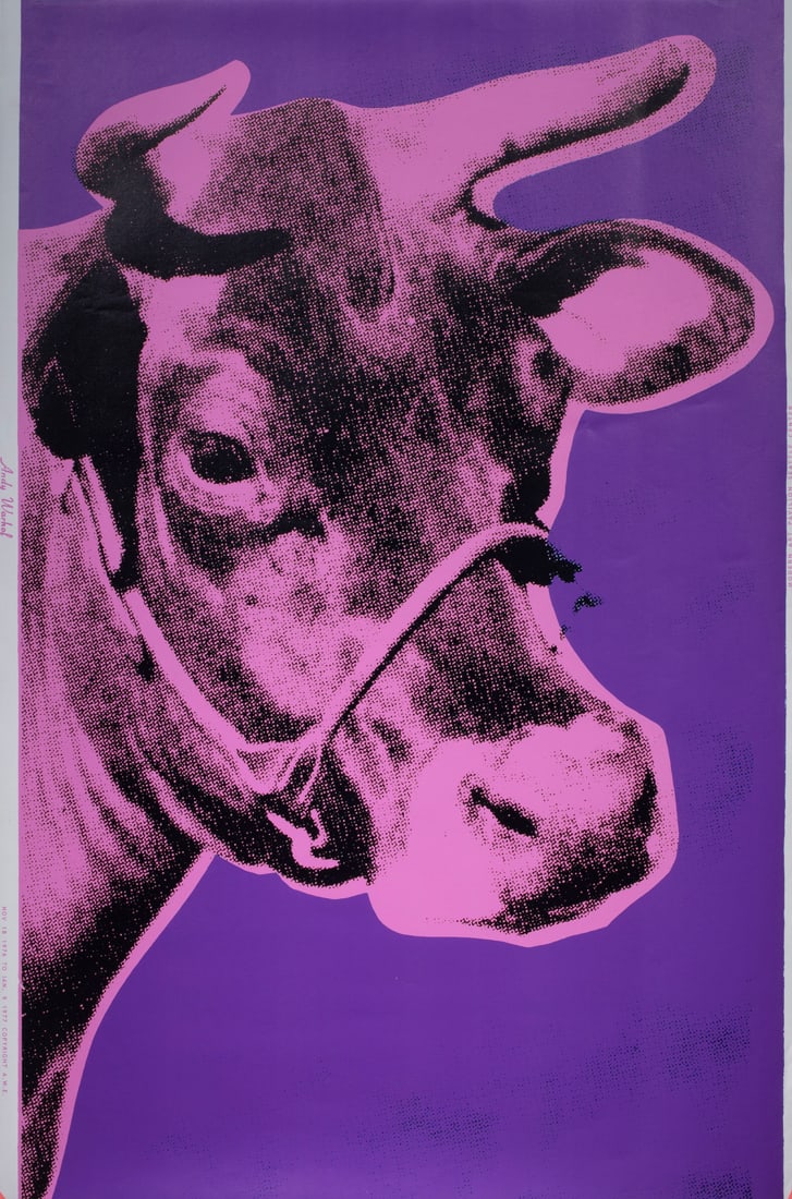 Poster print, After Andy Warhol: After Andy Warhol (American, 1928-2987), "Cow, 1977," offset poster print, "Nov. 18, 1976 to Jan. 9, 1977 Copyright A.W.E" and "Any Warhol" printed to left margin, "Modern Art Pavilion Seattle Center"