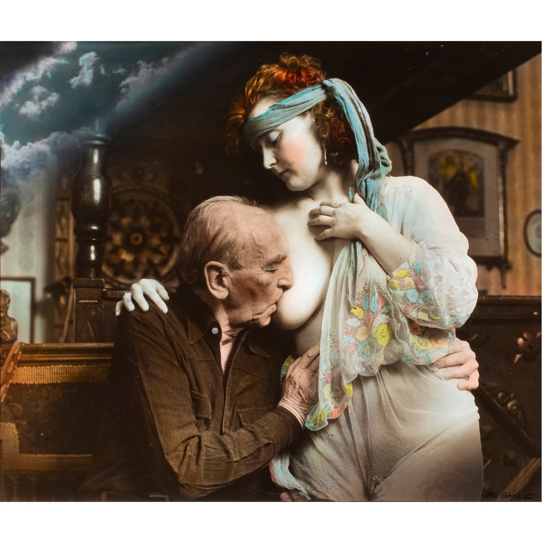 Photograph, Jan Saudek: Jan Saudek (Czech, b. 1935), "Portrait of a Famous Man #388," bromoil gelatin silver print handcolored, signed lower right, sight: 11.25"h x 14.5"w, overall (with frame): 19.75"h x 23.75"w. Provenance