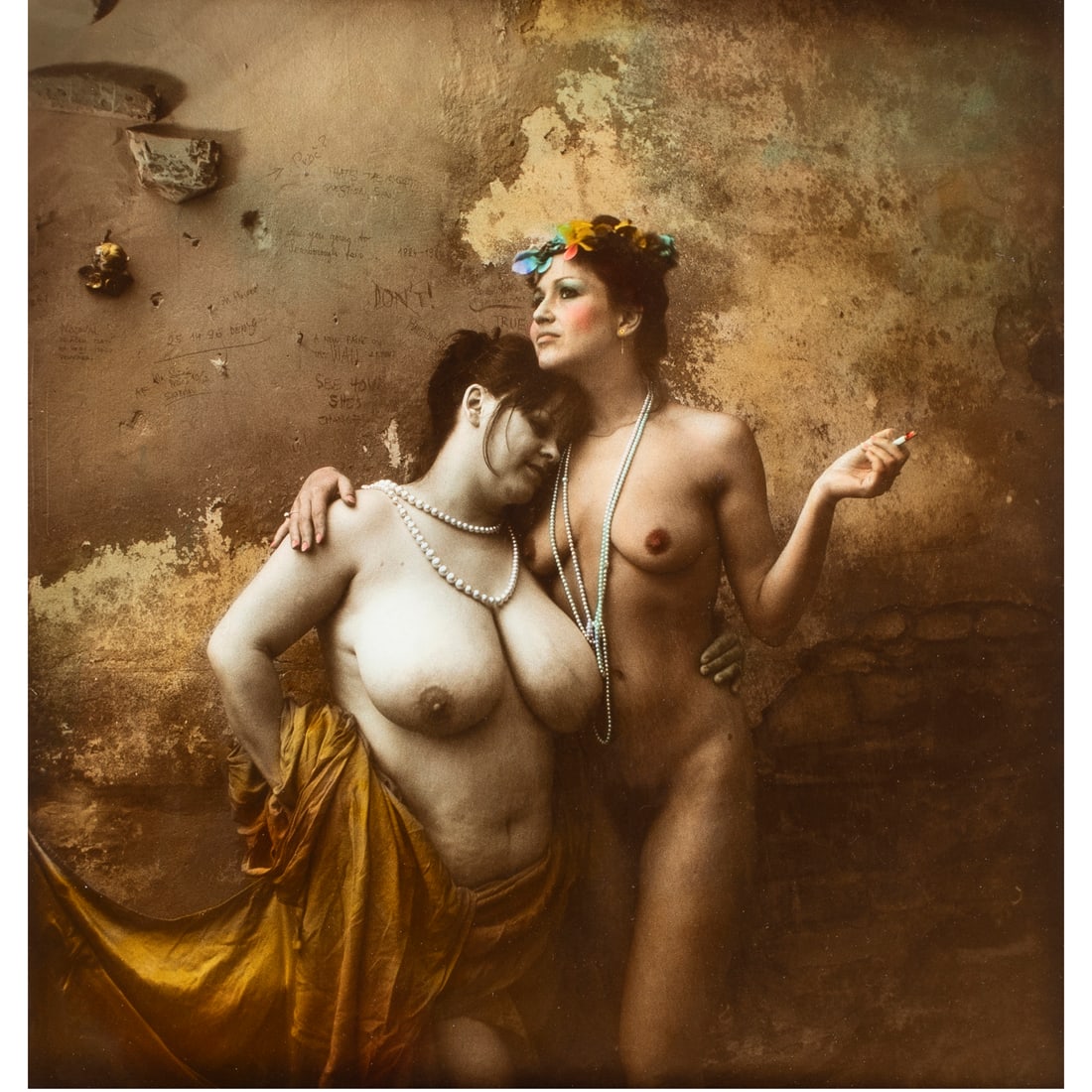 Photograph, Jan Saudek: Jan Saudek (Czech, b. 1935), "#139 (Untitled, Two Women, Pearls, Cigarette)," bromoil gelatin silver print handcolored, sight: 14.25"h x 11"w, overall (with frame): 23.75"h x 19.75"w. Provenance: Seat