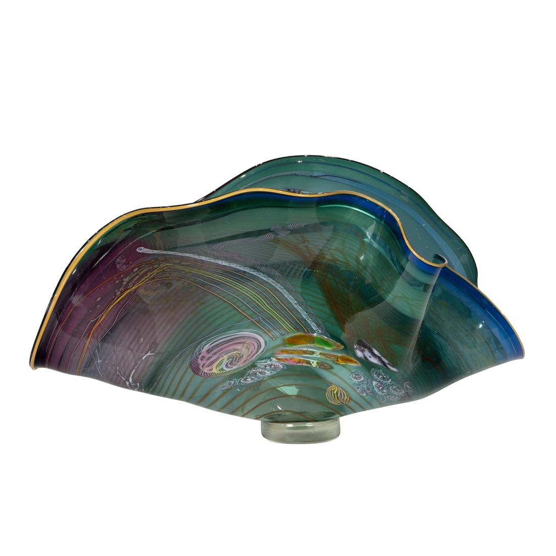 Chris Hawthorne & James Nowak, fan vase: Chris Hawthorne & James Nowak, fan vase USA, 1987, blown glass, enclosing various multicolor latticino and millefiori designs over a purple/blue field, peach lip wrap, mottled opalescent blue interior