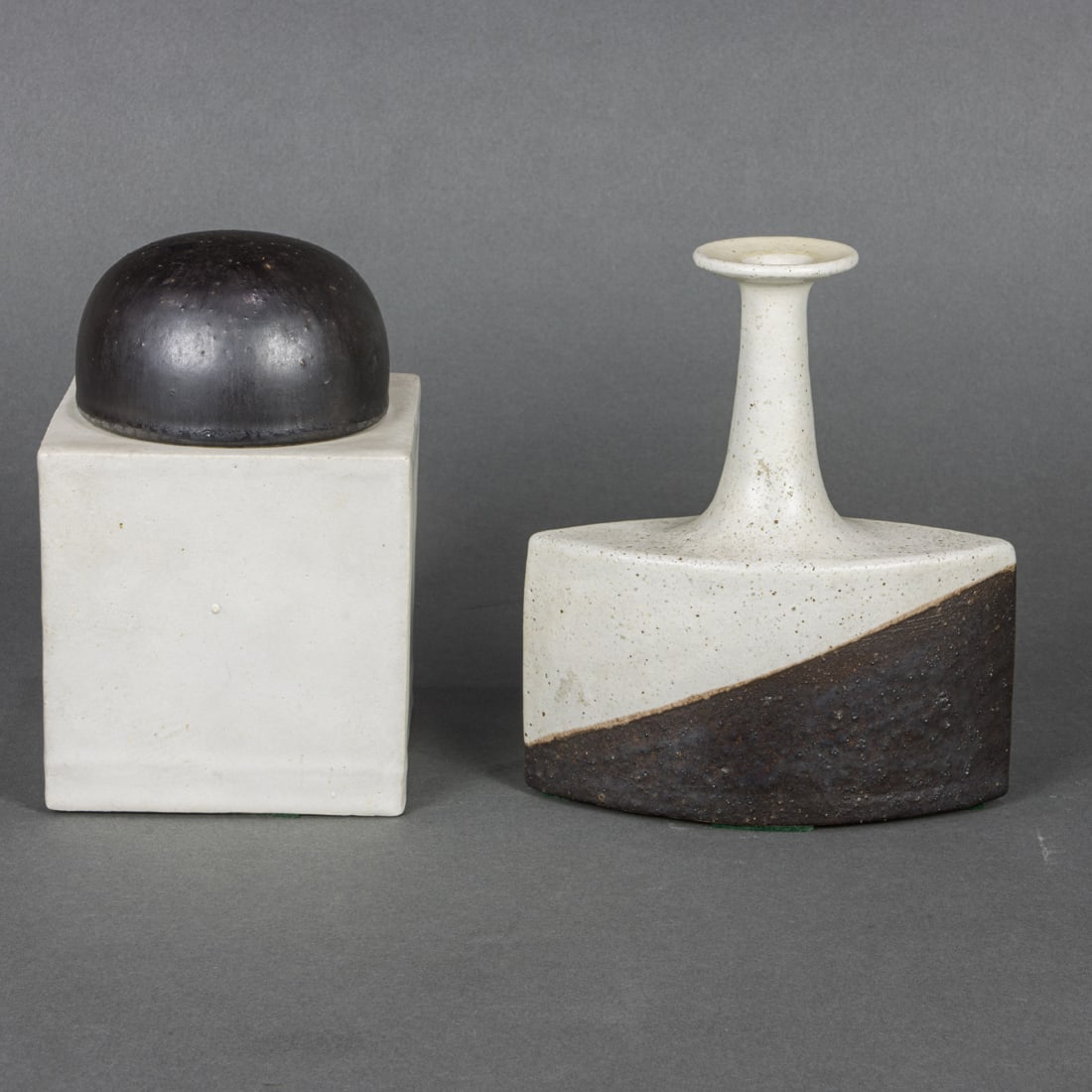 Bruno Gambone, vessels, lot of two: Bruno Gambone, vessels, lot of two Italy, stoneware, glazed signature to each, the first dome covered box, 6.5"h x 4.25"w x 4.25"d; the second lozenge shaped bottle 6.75"h