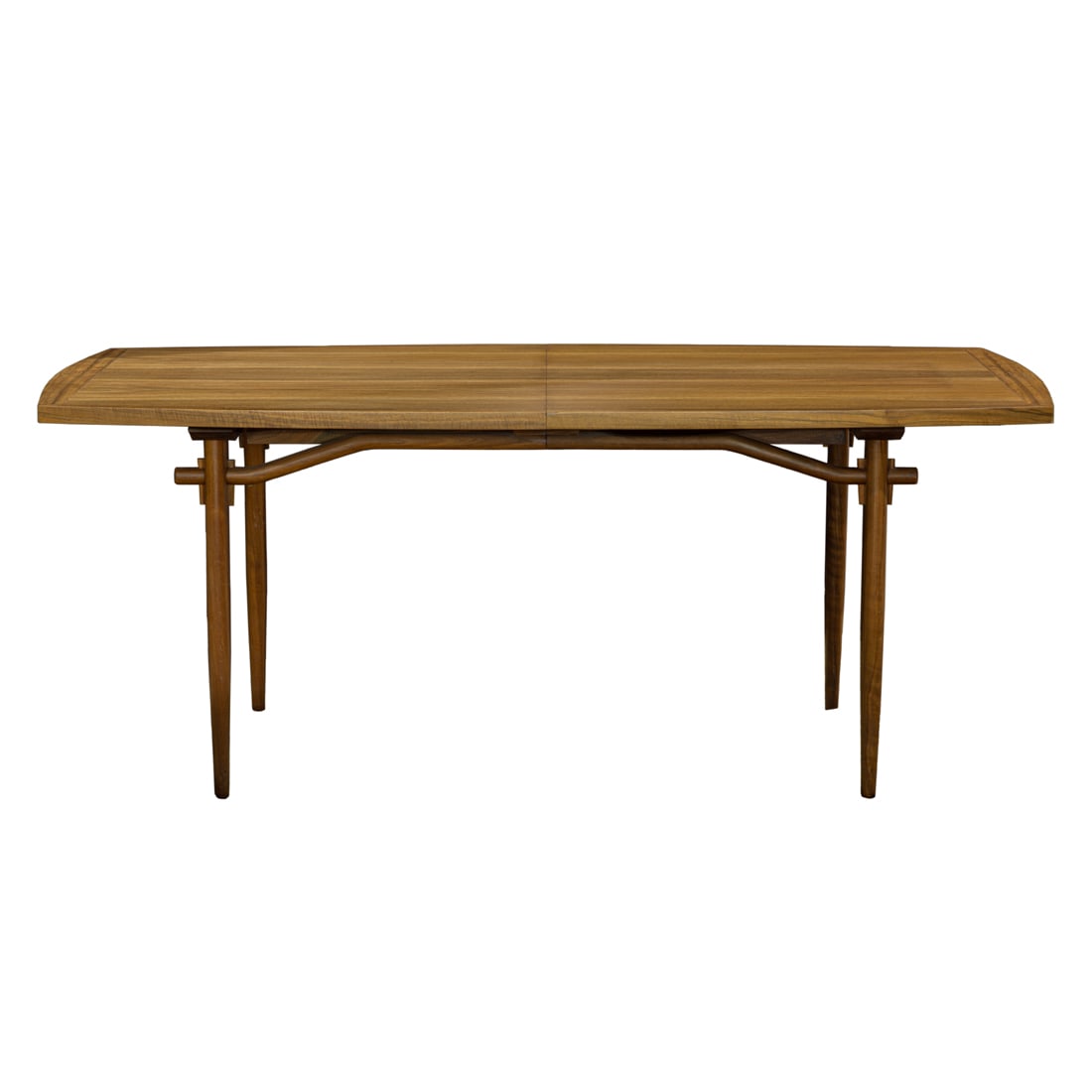 George Nakashima, dining table: George Nakashima, dining table John Widdicomb Furniture Co., Sundra Origins East Indian Laurel, dated 2/59 and numbered 202, with two 22"l leaves, underside marked and dated, 28"h x 72"w x 42"d (with
