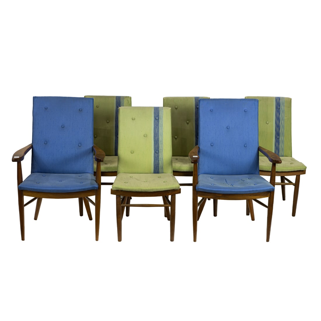 George Nakashima, dining chairs, lot of six: George Nakashima, dining chairs, lot of six 'Origins' line, John Widdicomb Furniture Co., Grand Rapids, MI, 1950's, walnut, original tufted upholstery, comprising two arm and four side chairs. Provena