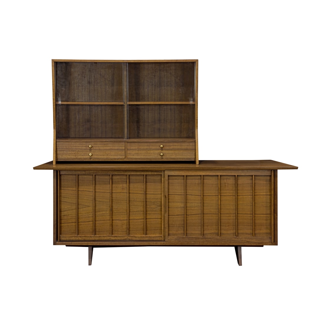 George Nakashima, sideboard with vitrine: George Nakashima, sideboard with vitrine John Widdicomb Furniture Co, Grand Rapids, MI, 1950s, walnut and rosewood, the base sliding paneled doors opening to reveal pocket drawers, branded, manufactur