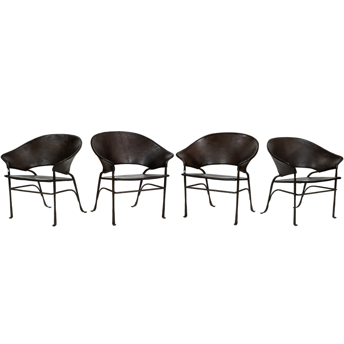 Ched Berenguer-Topacio, lounge chairs, set of four: Ched Berenguer-Topacio, lounge chairs, set of four cast iron and leather, each 33.5"h x 31"w x 26.5"d
