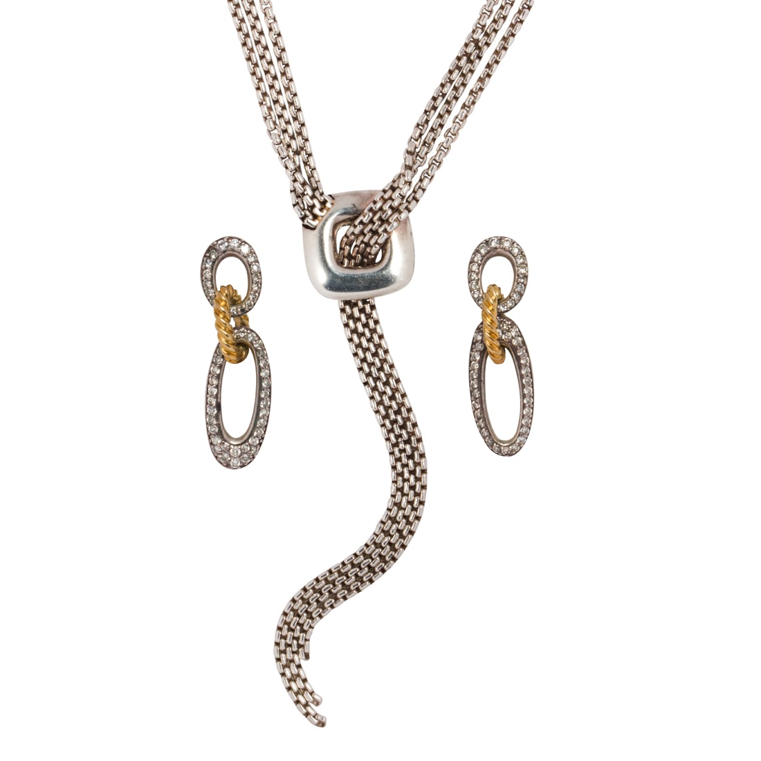 David Yurman, A pair of diamond, silver and gold necklace and earrings set (1 of 2)
