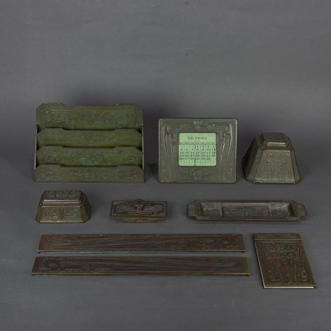 A TIffany Studios Chinese pattern bronze desk set (1 of 6)