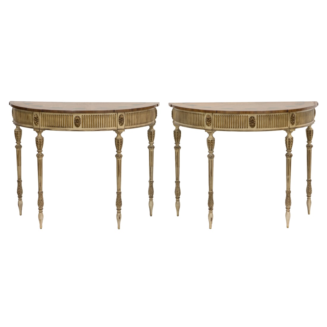A pair Louis XVI style gilt, inlaid and painted wood console tables: A pair of Louis XVI style gilt, inlaid and painted wood console tables, EJ Victor, Historic Newport Collection, each of demilune form, the shaped top with inlaid green floral design, the distressed li