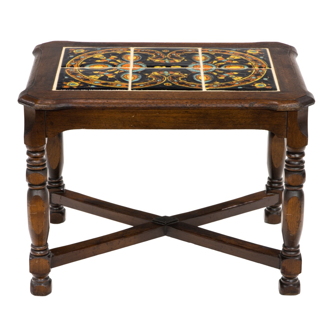A Spanish Revival Taylor tile top table circa 1920: A Spanish Revival Taylor tile top table circa 1920, the top with six tiles rising on turned legs conjoined by the X stretcher, 17.5"h x 23.5"w x 17.5"d