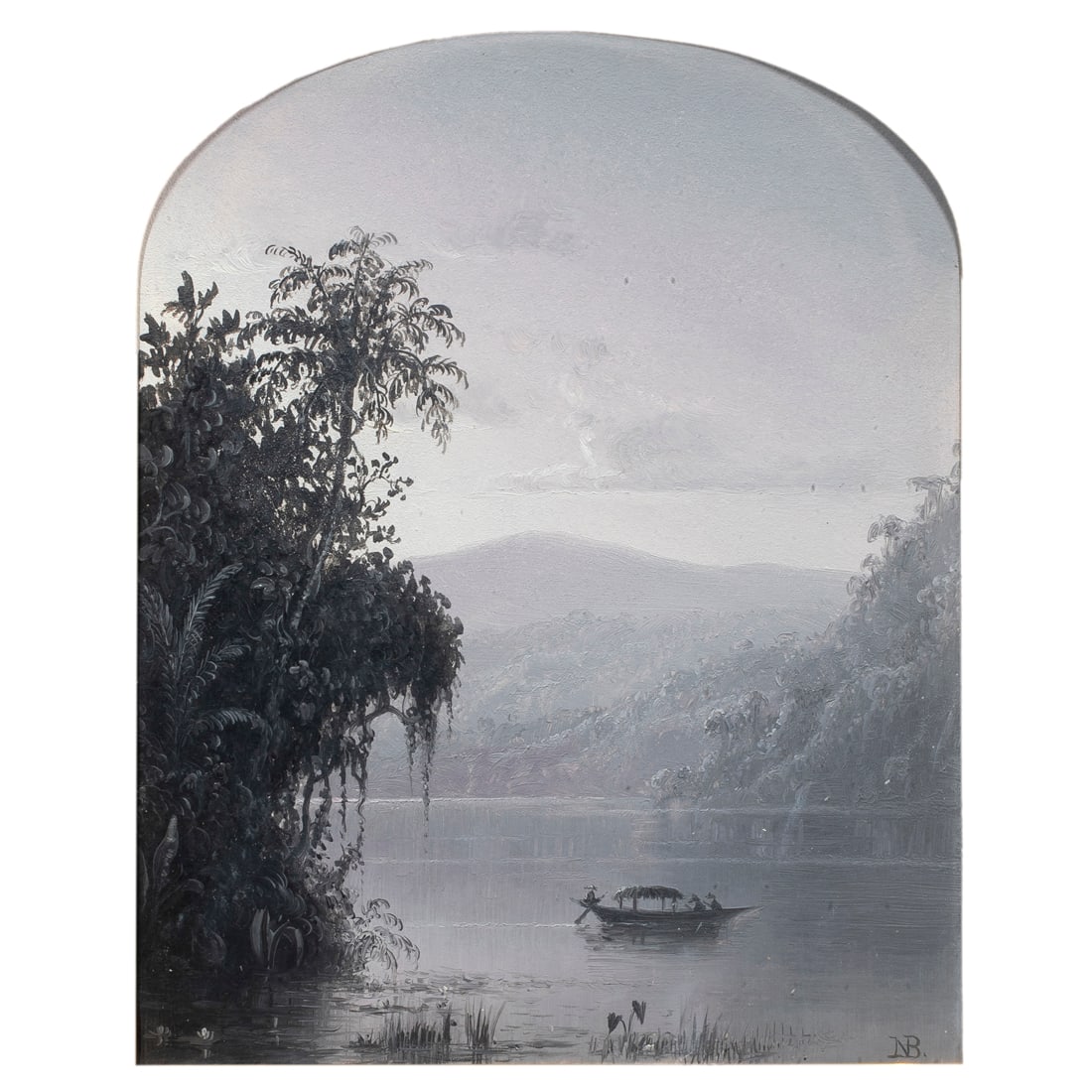 Painting, Norton Bush: Norton Bush (American, 1834-1894), Tropical River View, oil on board, initialed lower right, sight: 10"h x 7.75"w, overall (with frame): 19"h x 15.75"w