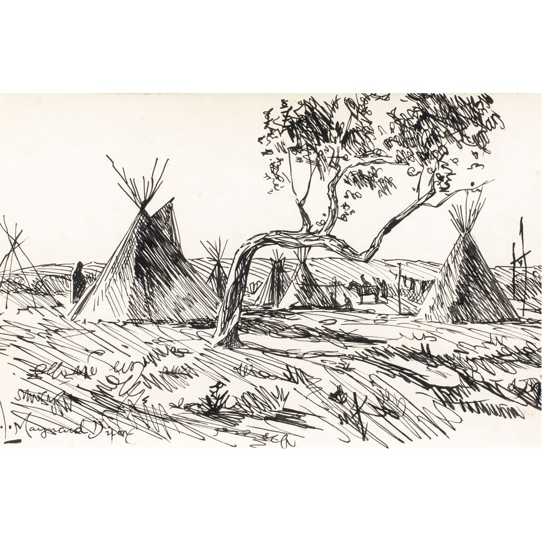 Work on paper, Maynard Dixon: Maynard Dixon (American, 1875-1946), Untitled (Indian Encampment), ink on paper, signed lower left, sight: 7.25"h x 11.25"w, overall (with frame): 15"h x 19.5"w
