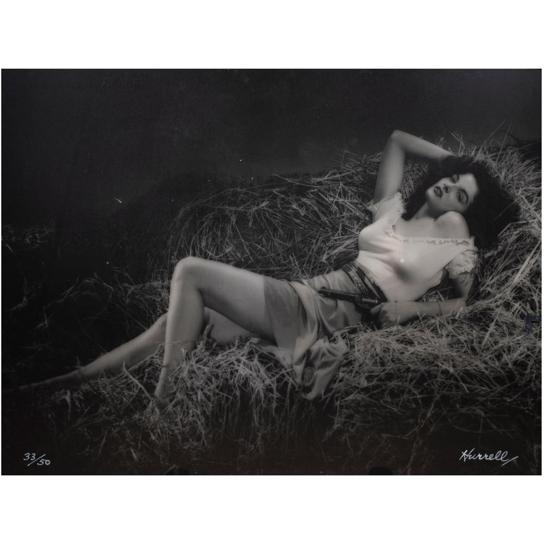 Photograph, George Hurrell: George Hurrell (American, 1904-1992), "Jane Russell," gelatin silver print, pen signed lower right, edition 33/50, sheet: 35.5"h x 47.5"w, overall: 36"h x 48"w