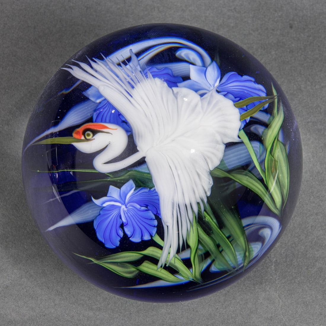 A Daniel Salazar for Lundberg Studios glass paperweight with crane before iris (1 of 5)
