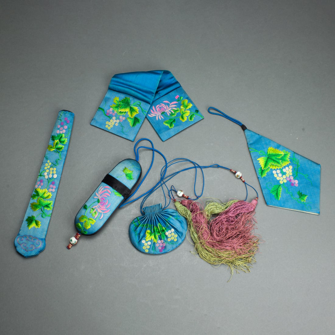 (lot of 5) Chinese silk turquoise ground textile articles (1 of 1)