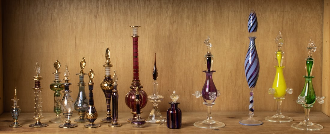 A collection of sixteen blown glass perfume bottles (1 of 1)