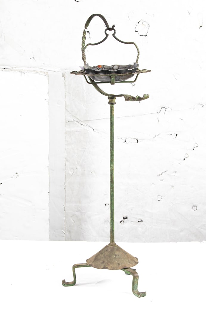 An Arts and Crafts cigarette stand; together with a Chinese stone inlaid pewter ashtray: An Arts and Crafts cigarette stand, together with a Chinese stone inlaid pewter ashtray, overall 28.25"h