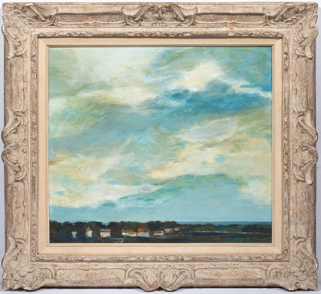 Painting, James Estey: James Estey (American, b. 1940), Landscape after Eugene Boudin, 1976, oil on board, inscribed verso, signed lower right, overall (with frame): 25.5"h x 27.5"w