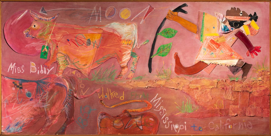 Mixed Media, JoeSam: JoeSam (American, b. 1938), "Miss Biddy Mason Walked from Mississippi to California," mixed media on masonite, signed verso, overall (with frame): 49"h x 97"w