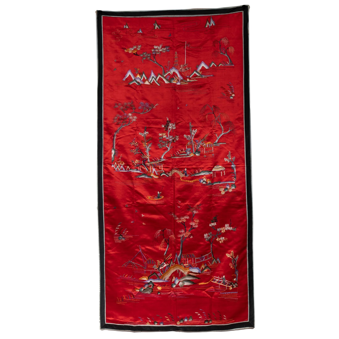Chinese embroidered red ground wall hanging: Chinese embroidered red ground wall hanging. Republic period, 62"h. x 30"w.