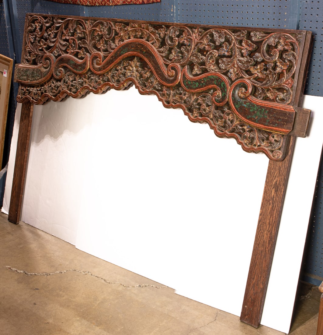 Indonesian polychrome carved wood lintel (1 of 1)