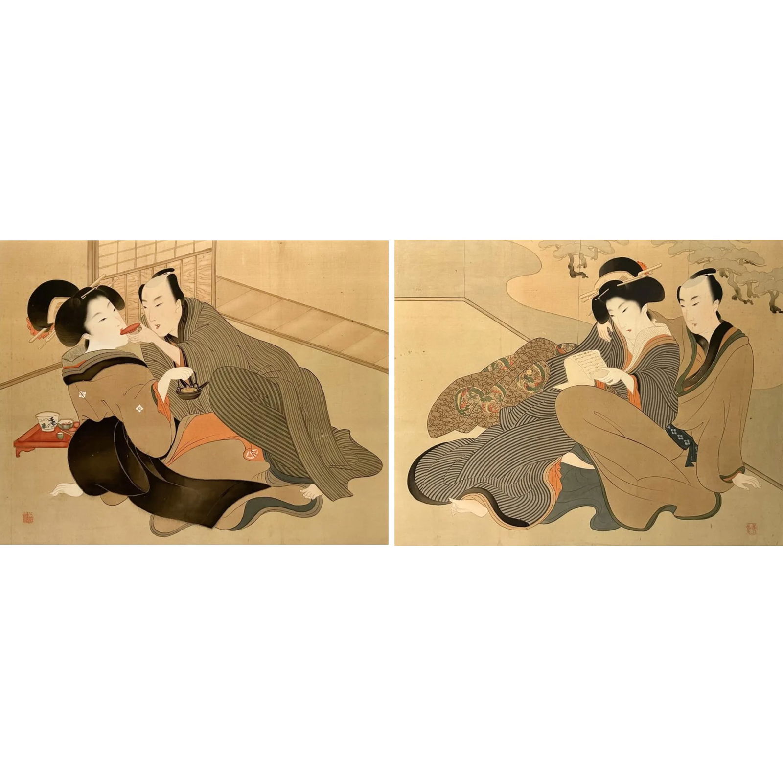 Large Antique Japanese Watercolor on Silk Paneled Screen, 19th Century (1 of 8)