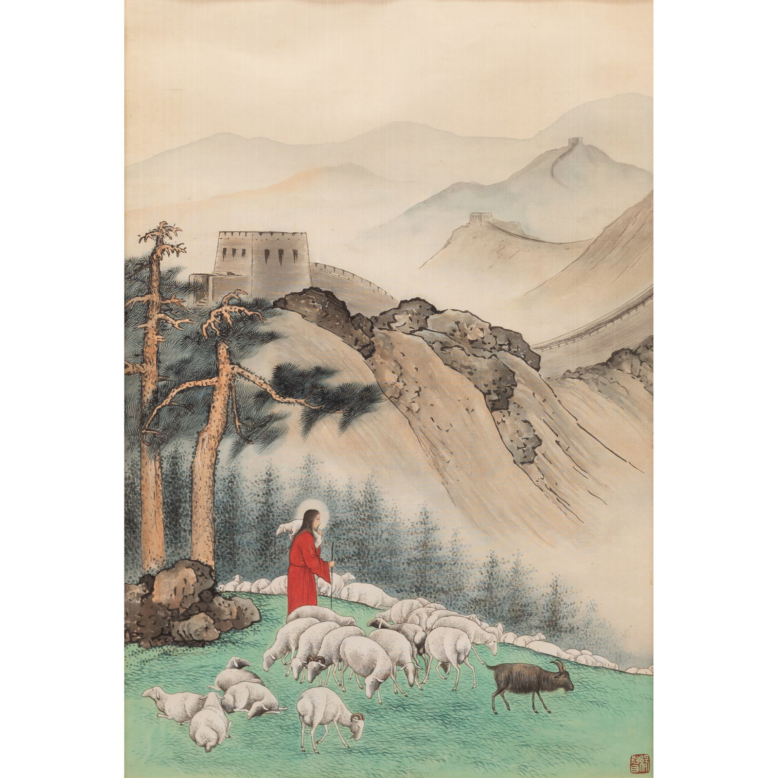 Chen Yuandu (1902-1967), Chinese painting of Jesus with sheep (1 of 9)