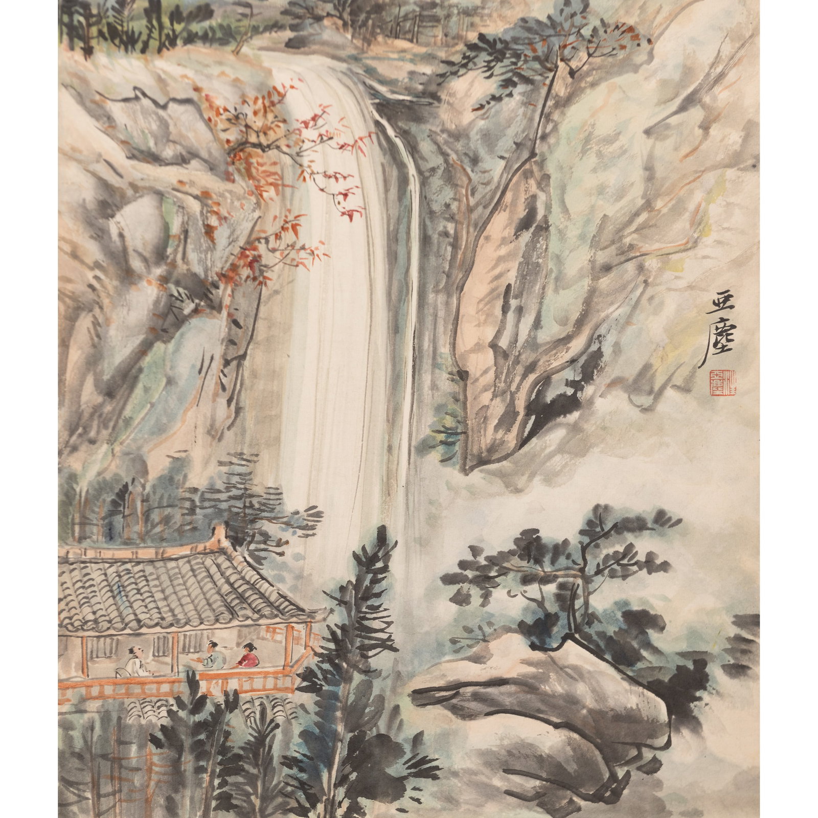 Wang Yachen (1894-1983), Landscape and Figure: Wang Yachen (1894-1983), landscape and figure. Ink and color on cardboard. Signed Yachen in Chinese and stamped with the artist's seal (middle right). 16.53"h x 14.25"w (42 x 36.2 cm) Provenance: Prop