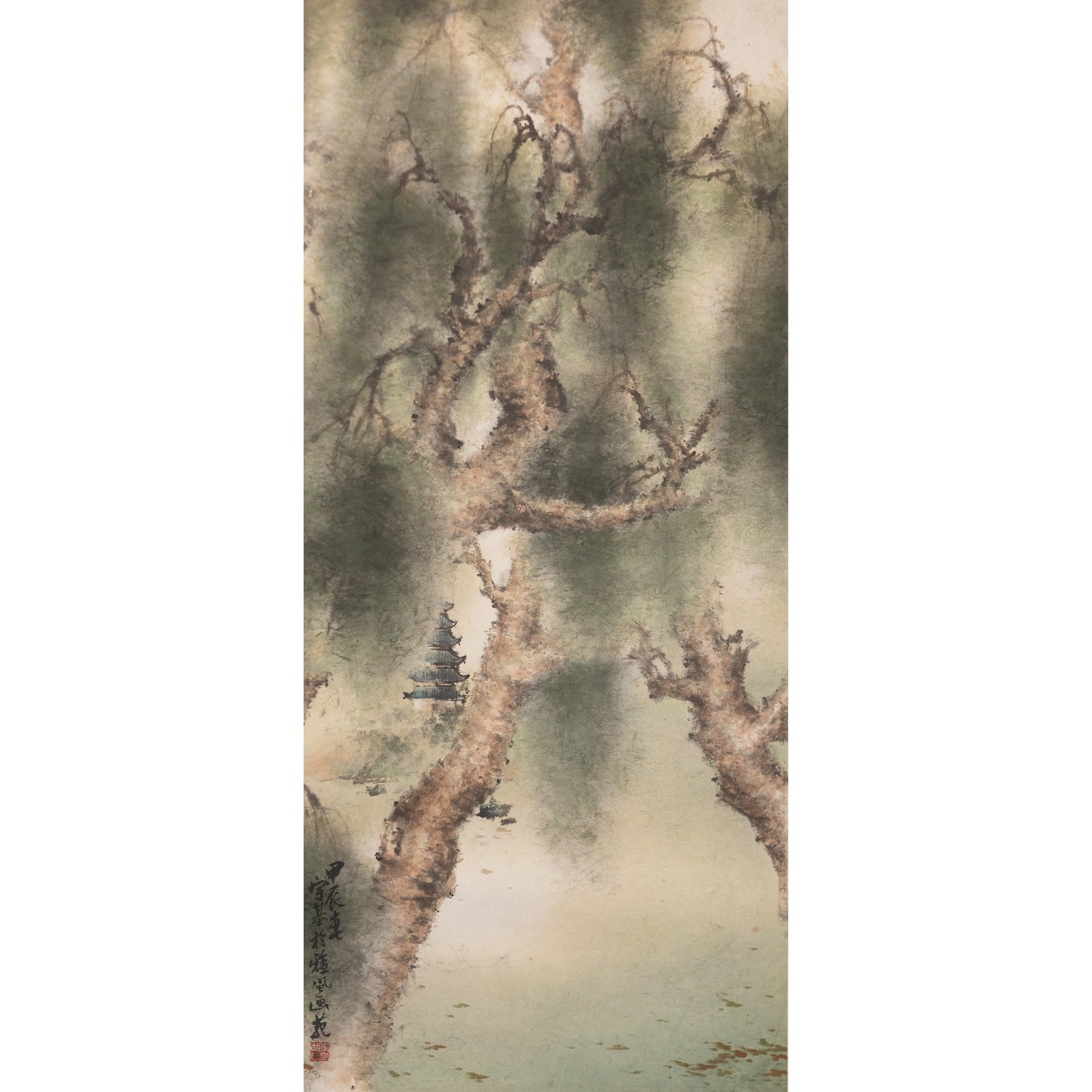 Hu Yuji (Wo Yue Kee, Henry Wo, b.1927), Chinese Painting of Landscape: Hu Yuji (Wo Yue Kee, Henry Wo, b.1927), Chinese painting of landscape. Ink and color on paper, mounted. 37.20"h x 16.54"w (94.5 x 42 cm) Provenance: Canadian private collection.