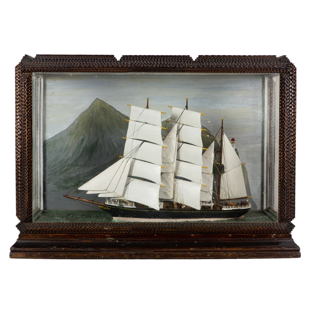 An Arts & Crafts period sailor made ship model diorama mounted in a tramp art glazed display case (1 of 4)