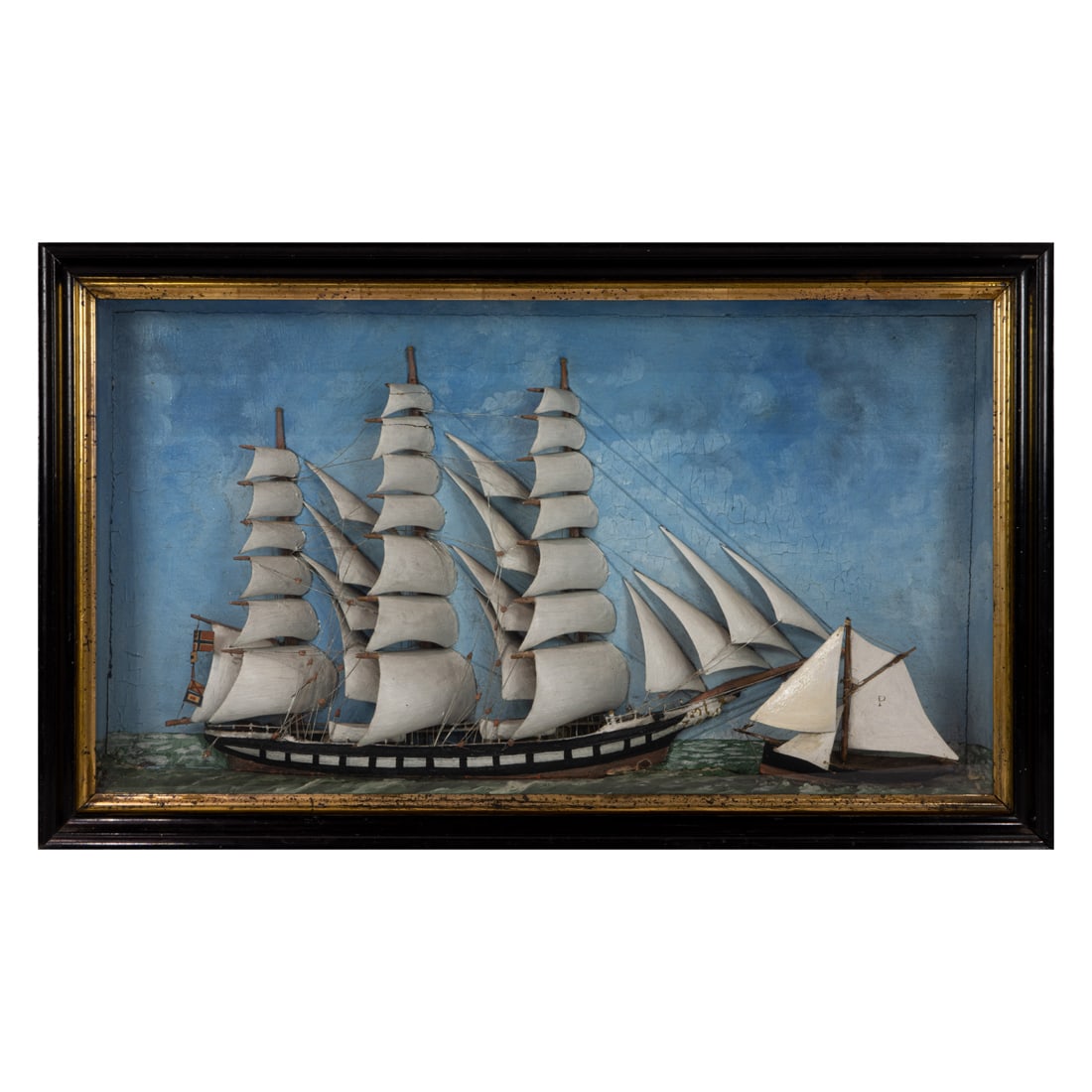 A shadow box model of a three masted full rigged ship with a pilot boat, late 19th century (1 of 3)