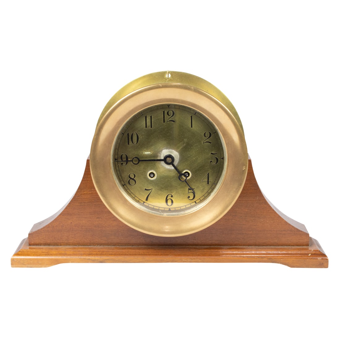 A Chelsea Ship's Bell brass clock on mahogany stand, mid 20th century, serial #587691 (1 of 5)